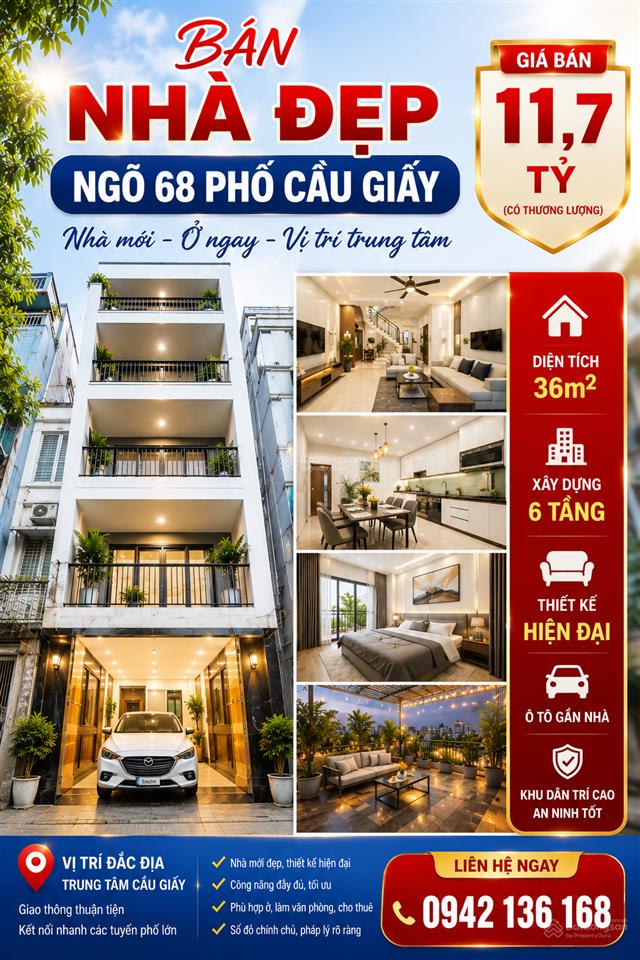 Bán nhà đẹp ngõ 68 phố cầu giấy  nhà mới 6 tầng  gía 11,7 tỷ