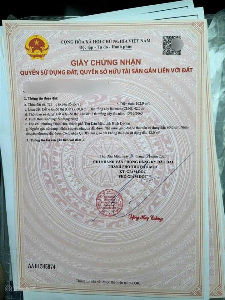 Định hòa 4.9x21 thổ cư 60m chỉ 1tỷ950 mặt iền dx nhựa 5.5m cách võ văn kiệt 200mét tp mới bd 2 km