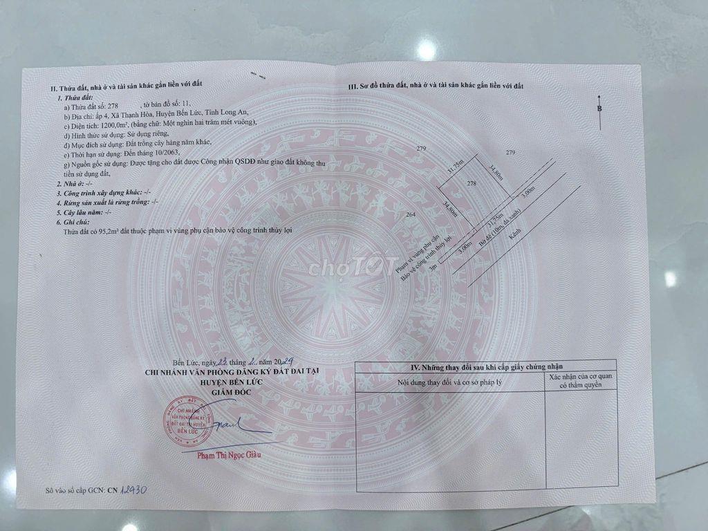 450 triệu hết sổ 1000mv ( 20 x50 ) đường 7 chỗ Thạnh Hoà - Bến Lức