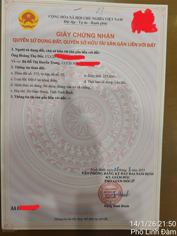 Bán gấp đất nền 225m tại xã giao long, 4 tỷ vnd full cư ngay sát vsip giao thủy nam định.