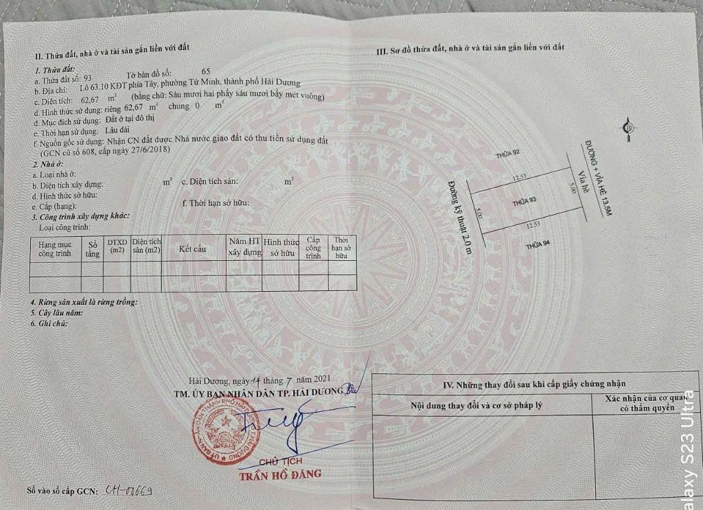 Bán đất mặt phố Nguyễn Thiện, Tây Nam Cường, TP Hải Dương, 62.67m2, mt 5m, đường 13.5m, giá tốt