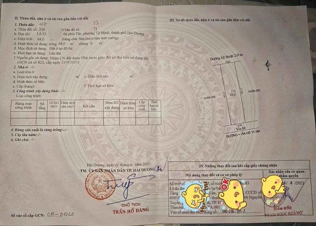 Bán lô đất LK53 KĐT Vạn Phúc, phường Tứ Minh, TP HD, 68m2, mt 4m, chỉ 2.7x tỷ cực rẻ