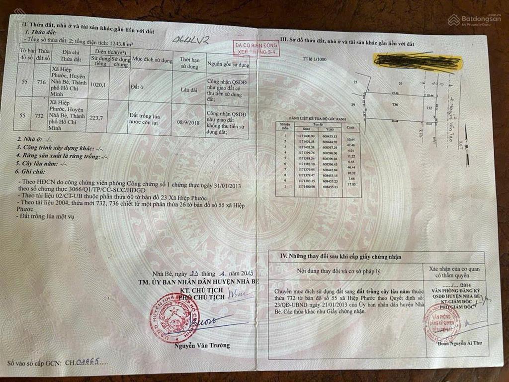 Bán đất mt đường nguyễn văn tạo, xã hiệp phước, nhà bè, dt 1250m2, có 1020m2 đất ở, giá  19,5 tỷ