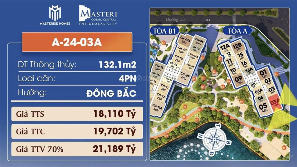 4pn  góc 132.1m2 (toà a tầng 24) hàng hiếm masteri cosmo central  nhạc nước & công viên ven sông