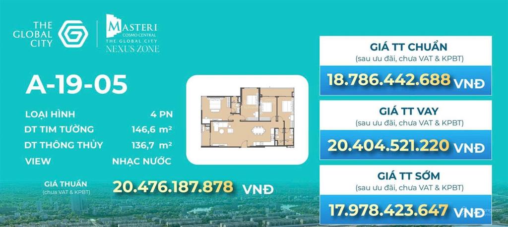 4pn masteri cosmo central 17,9 tỷ | căn góc 146,6m2 view trực diện nhạc nước đẹp dự án