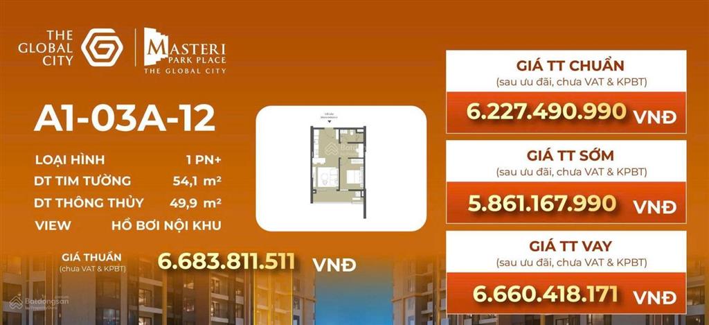 Masteri park place 1pn+ a103a12, 54m² giá 5,86 tỷ, view hồ bơi, hướng mát đn