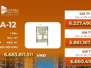 Masteri park place 1pn+ a103a12, 54m² giá 5,86 tỷ, view hồ bơi, hướng mát đn
