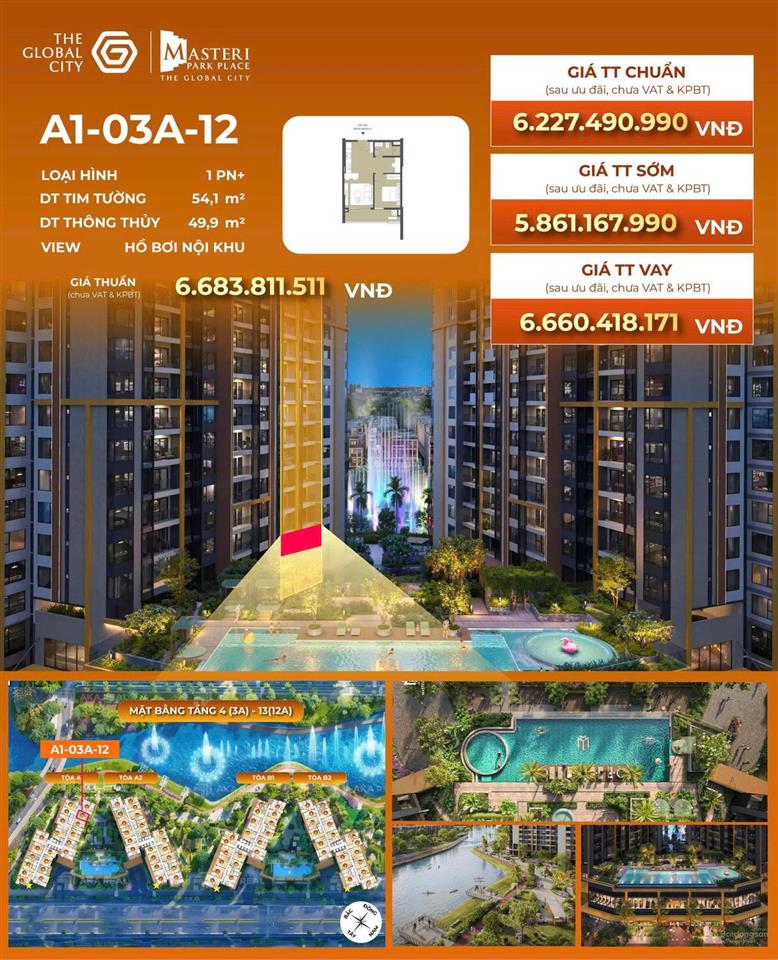 Masteri park place 1pn+ a103a12, 54m² giá 5,86 tỷ, view hồ bơi, hướng mát đn