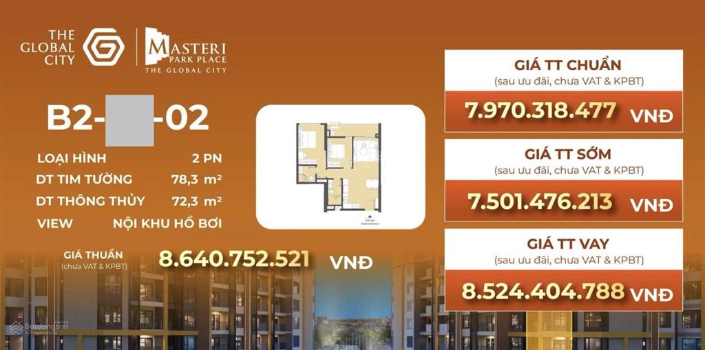 Masteri park place 2pn 7,5 tỷ (b20x02), diện tích 78,3m, view hồ bơi thoáng đẹp