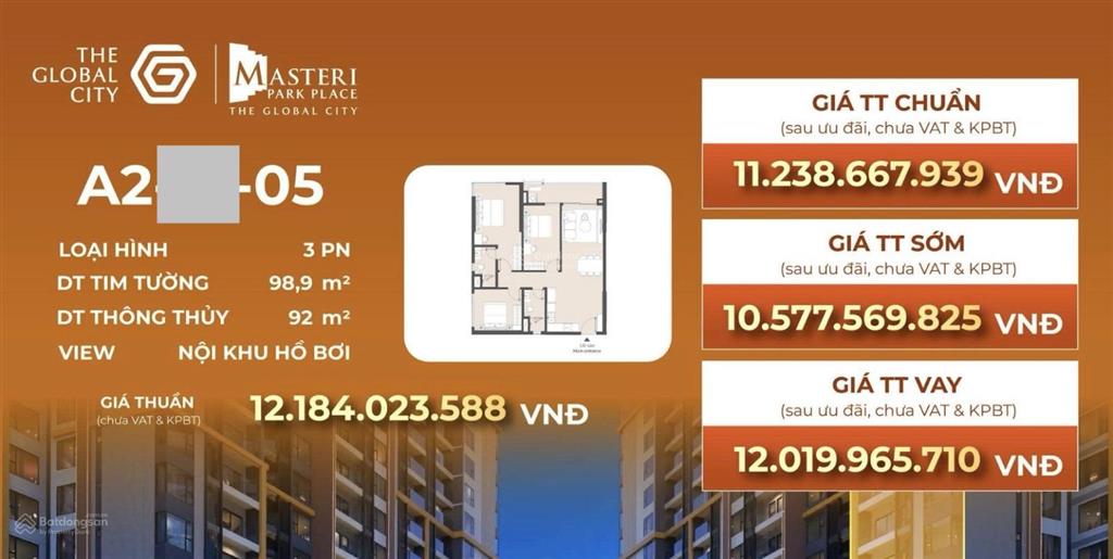 Bán căn hộ 3pn masteri park place 10,5 tỷ  the global city