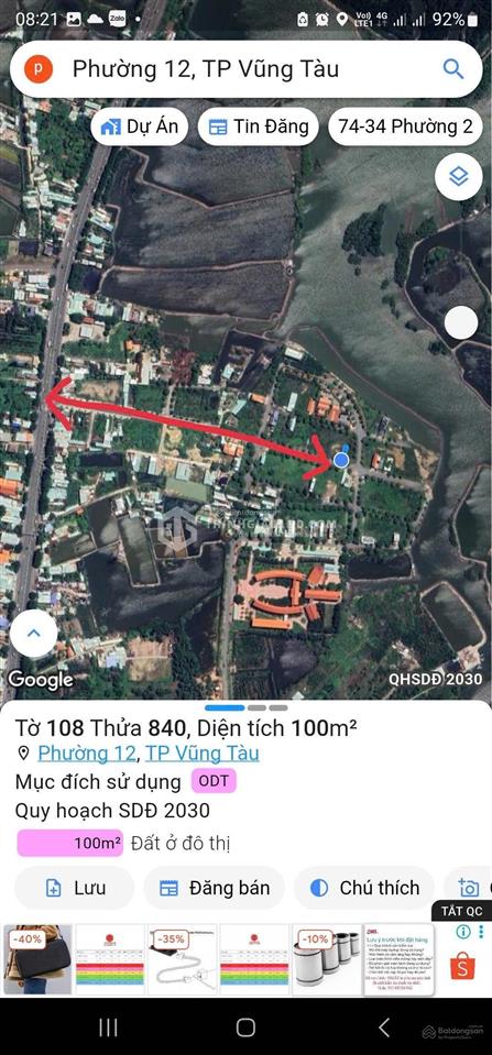 Bán lô đất dự án sông cây khế, p12 vũng tàu dt 100m2 đường chính 20m, sổ đỏ xây được 4 tầng