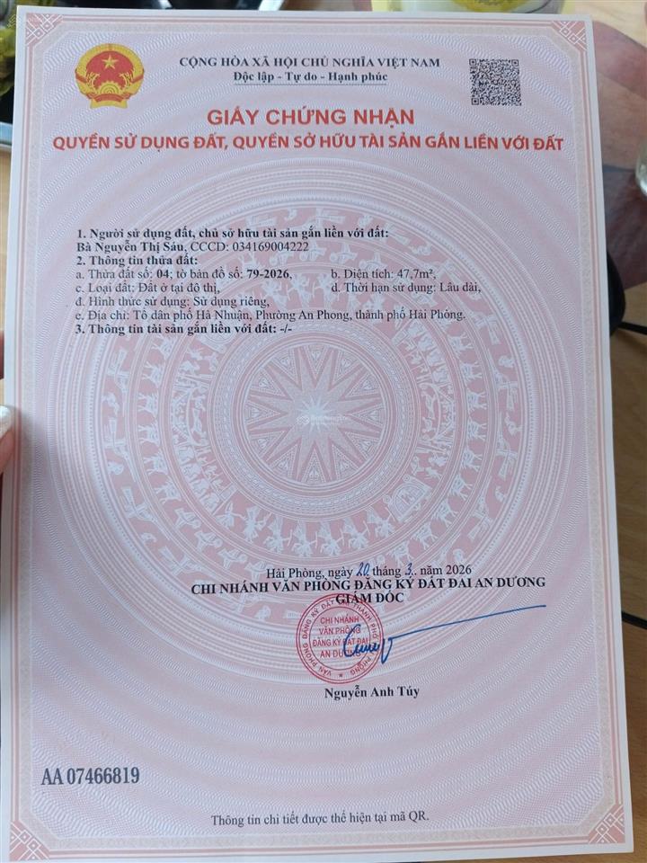 Chủ thở oxy bán lô góc 2 mặt thoáng phường an phong. đường thông 5m. 47,7m2. giá 630tr