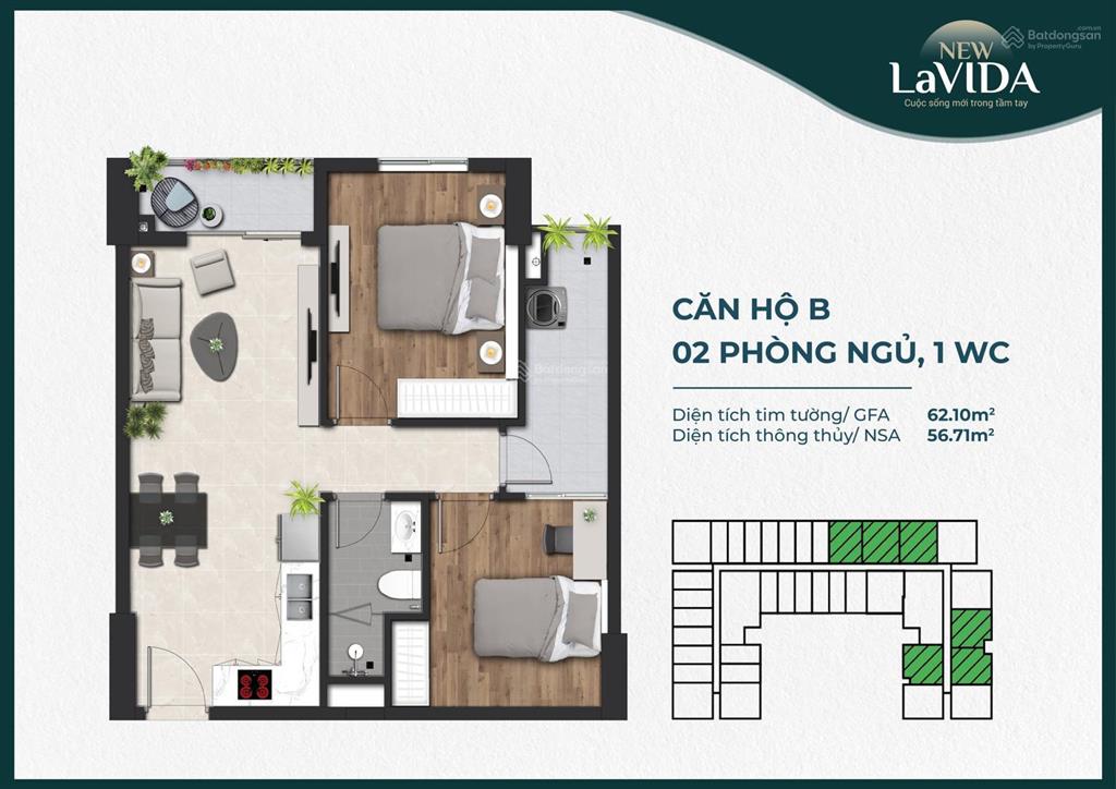 Chính chủ cho thuê căn hộ new lavida, 62,1m2, 2pn, 1wc, đường đt 743a dĩ an, giá 5.5 triệu/tháng