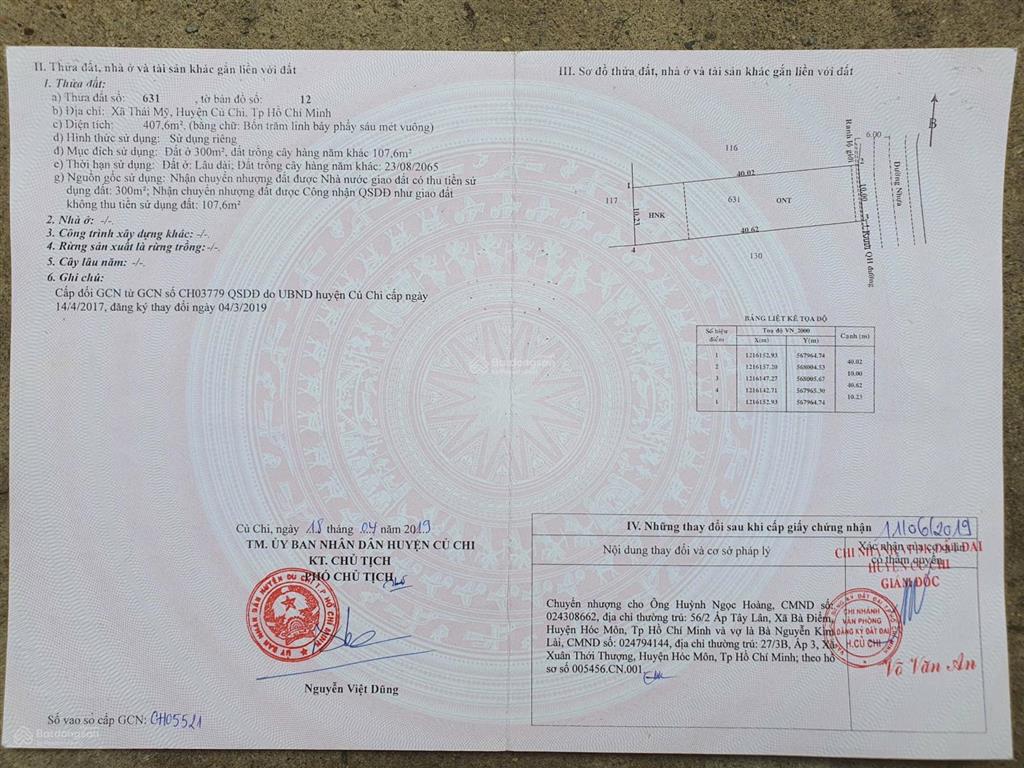 Bán nhanh 407m2 đất ở tại xã thái mỹ, củ chi, tphcm. giá 3,2 tỷ, bớt lộc