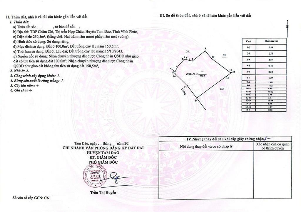 Bán đất tại hợp châu, tam đảo, 2 tỷ, 250.5m2, mặt tiền 13m, pháp lý đầy đủ
