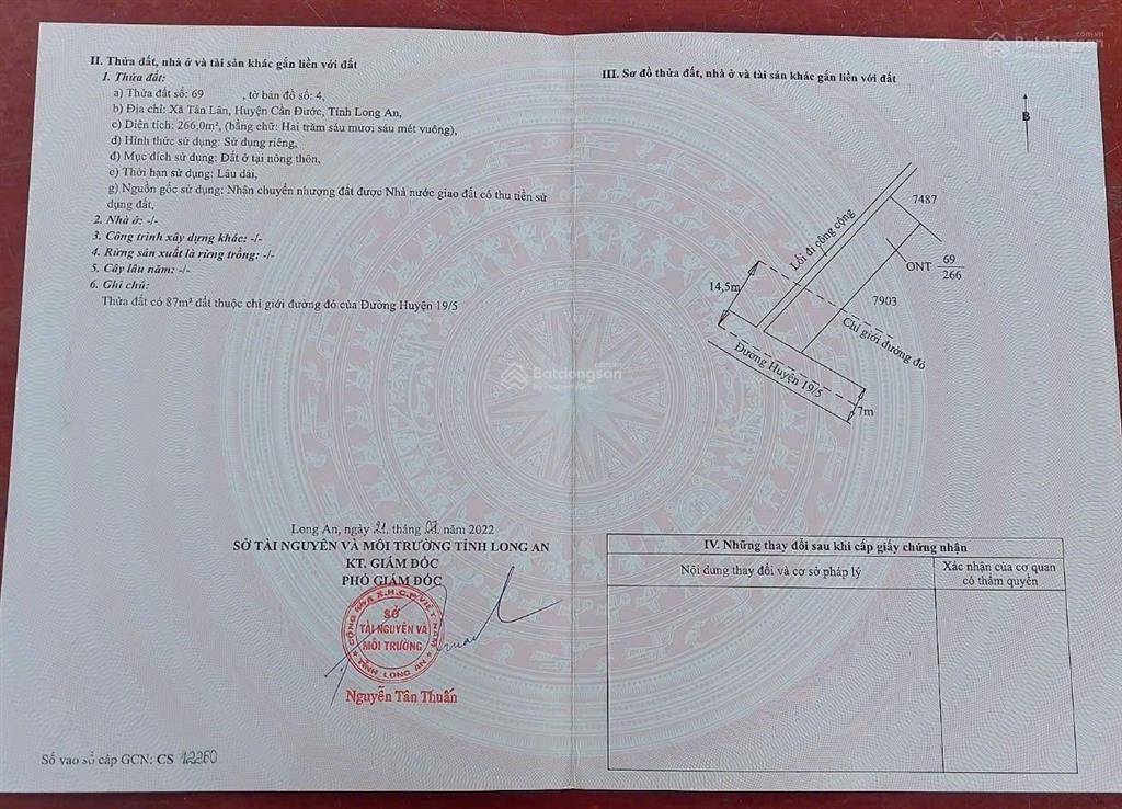 Bán đất 2 mặt tiền đường 19/5, xã tân lân, huyện cần đước, giá đầu tư