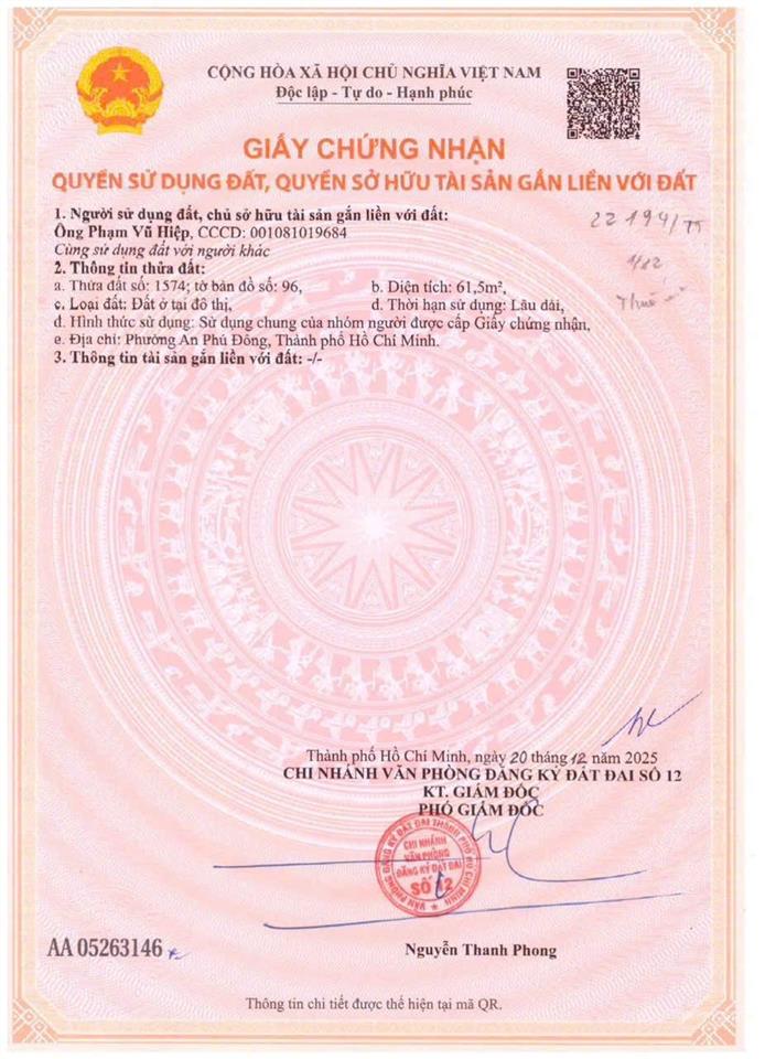 Cần bán lô đất đẹp 61,5m2, hẻm 140/98 đường vườn lài giá 5,15 tỷ
