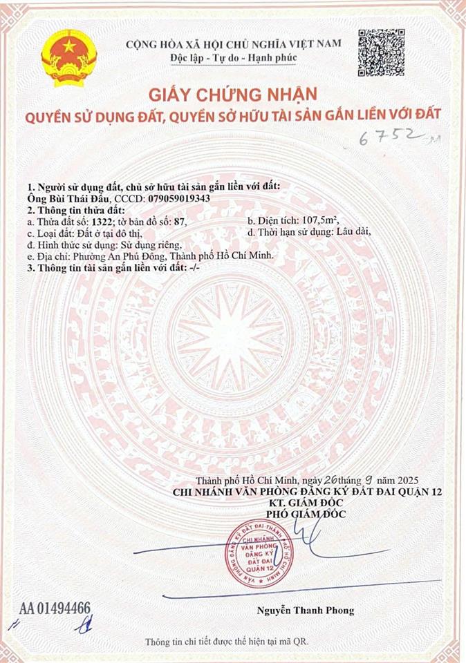 Bán đất hẻm 75 đường an phú đông 9, giá 5.5 tỷ diện tích 107.5m2