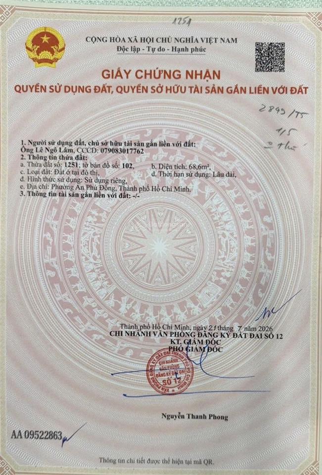 Bán đất hẻm 301 đường vườn lài phương an phú đông giá 5.7 tỷ diện tích 68,6m