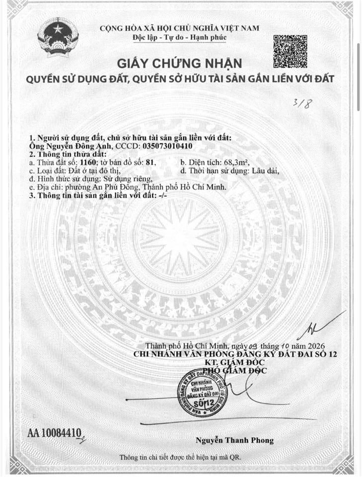 Cần bán lô đất đẹp gần sông sài gòn phường an phú đông diện tích 68m giá 5 tỷ