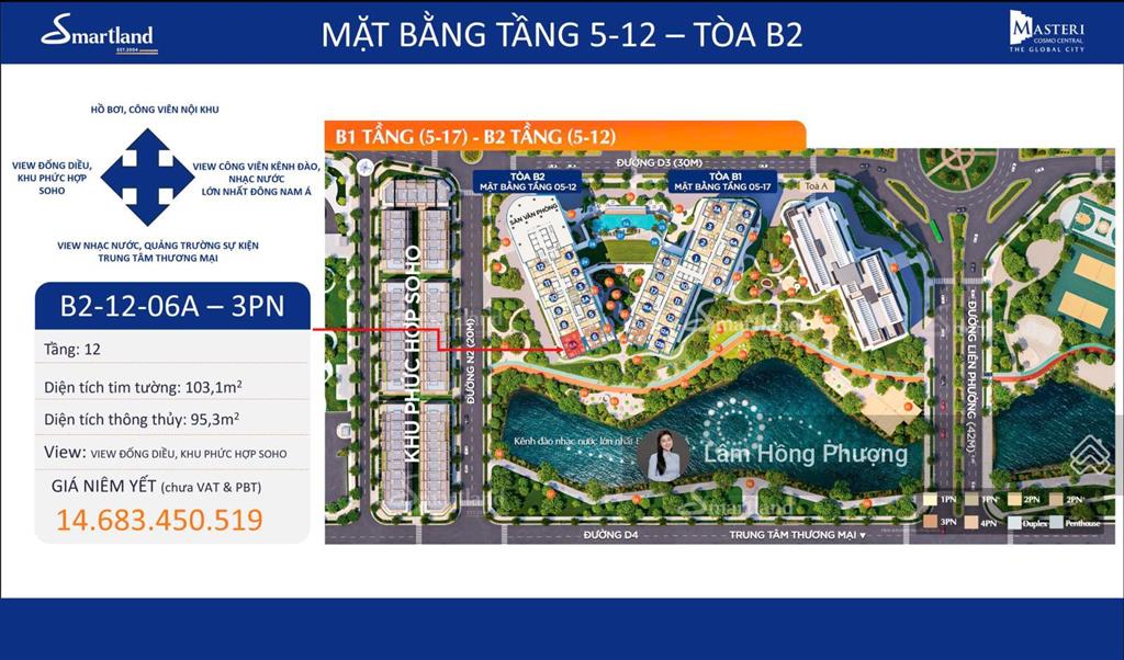 Bán căn góc 3pn cosmo central quận 2 giá 14tỷ6, lầu cao view nhạc nước vốn ban đầu chỉ 30%