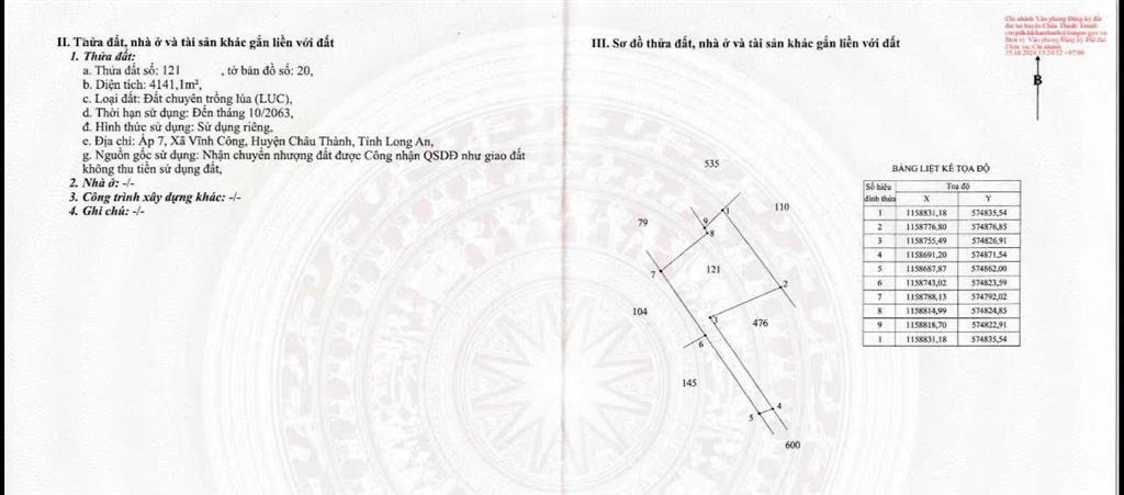 (đất chính chủ) cần bán 4,441m2 đất thuộc vĩnh công, tây ninh mới lộ ô tô dự mở 15,5 mét  3,65 tỷ