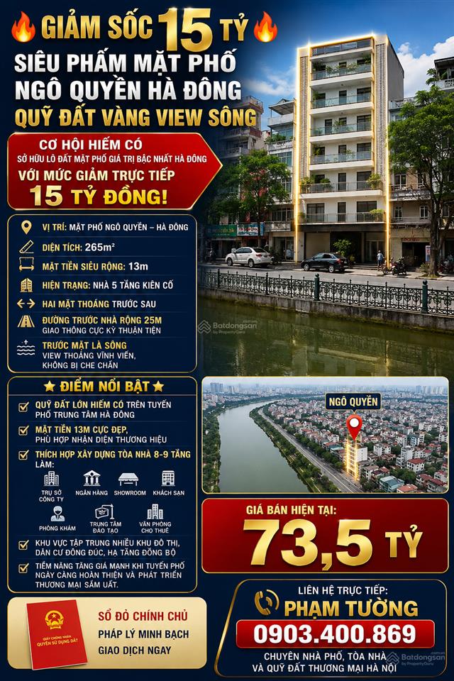 Giảm sốc 15 tỷ siêu phẩm mặt phố ngô quyền hà đông quỹ đất vàng view sông