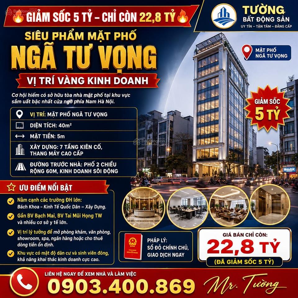 Giảm sốc 5 tỷ  chỉ còn 22,8 tỷ  siêu phẩm mặt phố ngã tư vọng  vị trí vàng kinh doanh