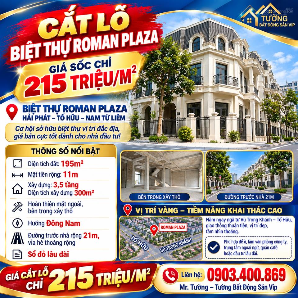 Cắt lỗ biệt thự roman plaza giá sốc 215tr/m