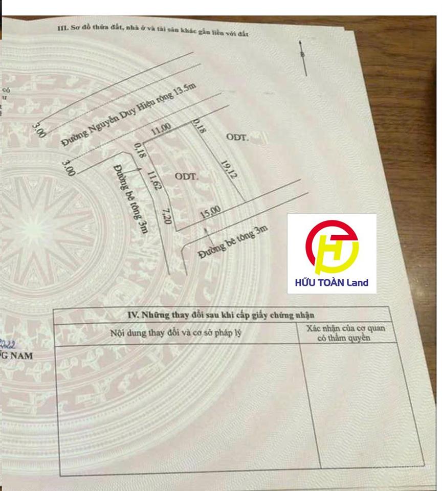 Bán lô đất 04 mặt tiền đường nguyễn duy hiệu giá chỉ 100 tr/m2.