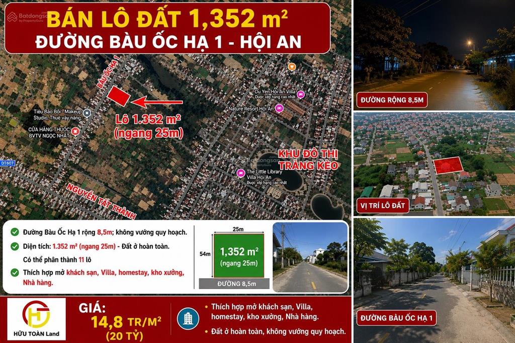 Bán lô đất 1.352 m2 (ngang 25m), đường bàu ốc hạ 1  hội an, giá chỉ 14,8 tr/m2
