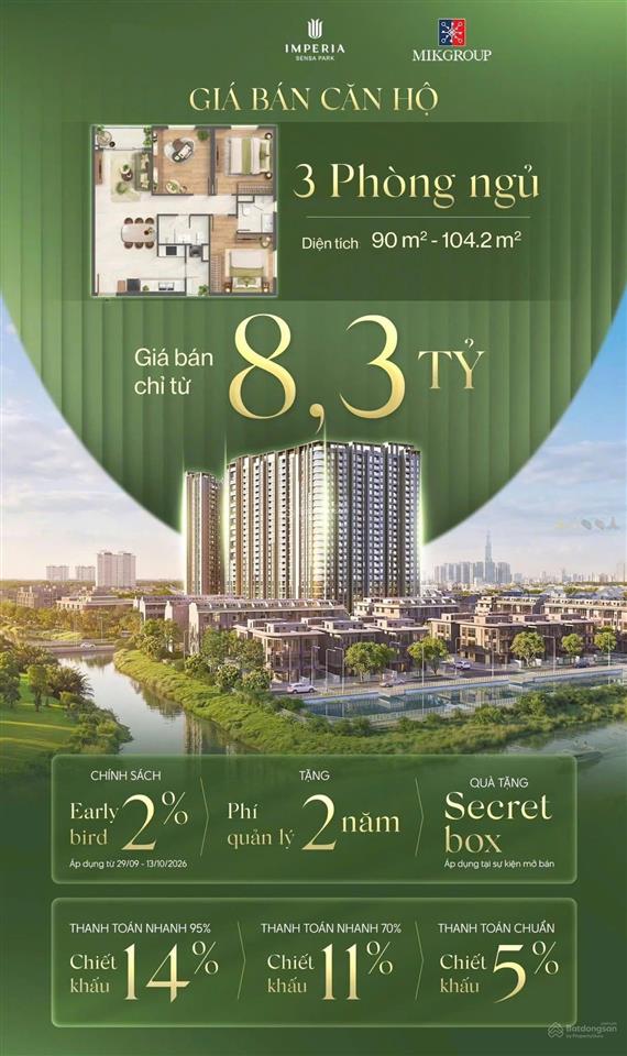 Mở bán imperia sensa park 3pn 94m2 từ 8,3tỷ chính sách booking đợt đầu 100 triệu,thanh toán chỉ 10%