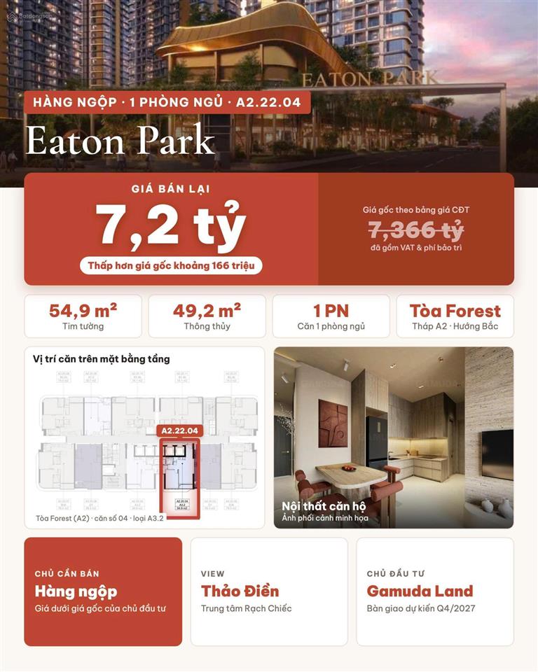 Cần bán gấp căn eaton park  tòa a2, căn 1pn, giá 7,2 tỷ | thấp hơn giá gốc 166 triệu