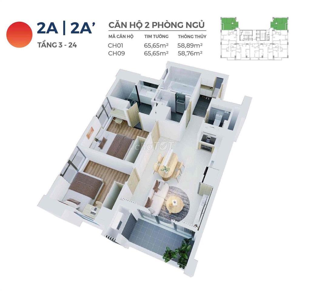 Căn góc HIYORI Aqua Tower 2PN, view biển & đỉnh Sơn Trà