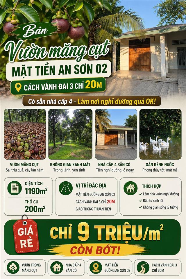 Bán vườn măng cụt mặt tiền an sơn 02, kế bên vành đai 3, dt 1190m2 thổ cư 200m2, giá rẻ 9 tỷ 800tr