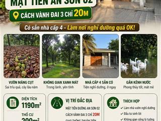 Bán vườn măng cụt mặt tiền an sơn 02, kế bên vành đai 3,
dt 1190m2 thổ cư 200m2, giá rẻ có 9tr/m2