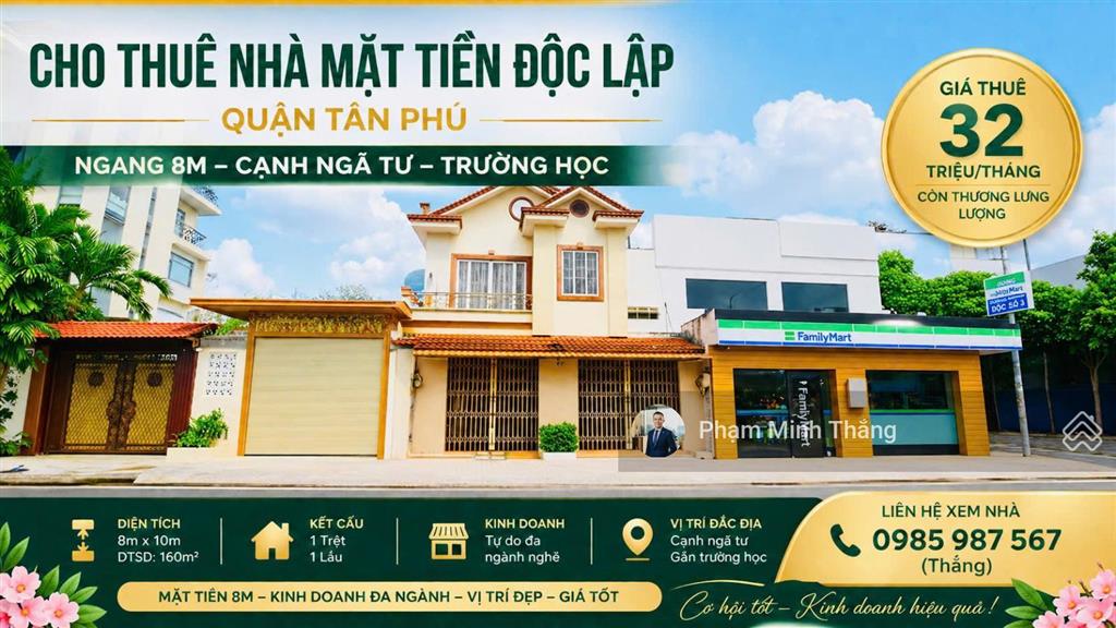 Cho thuê nhà mặt tiền độc lập, tân phú ngang 8m, góc ngã tư dtsd 160m2, chỉ 32 triệu/tháng