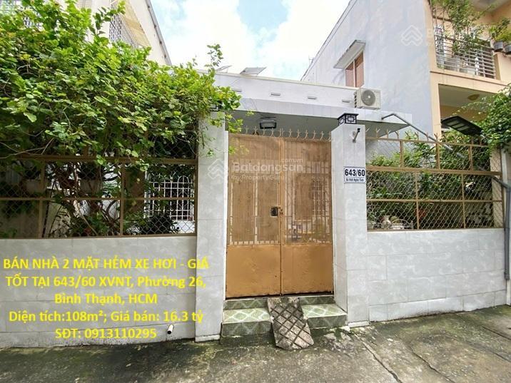 Bán nhà 2 mặt hẻm xe hơi  giá tốt tại 643/60 xvnt, phường 26, bình thạnh, hcm