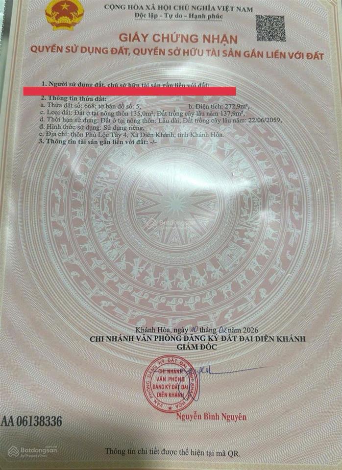 Đất phú lộc tây giá tốt  chính chủ cần bán thửa 668, tờ 5, phú lộc tây 4, h. diên khánh, khánh hòa