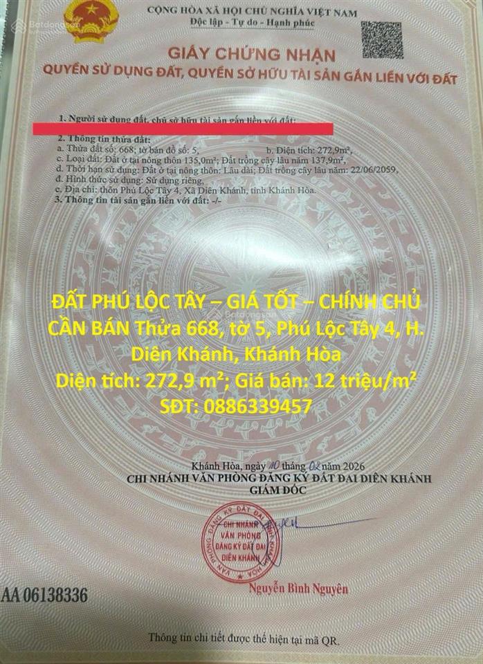 Đất phú lộc tây giá tốt  chính chủ cần bán thửa 668, tờ 5, phú lộc tây 4, h. diên khánh, khánh hòa