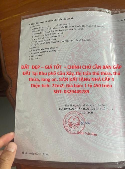 Đất đẹp giá tốt chính chủ bán gấp đất tại khu phố cầu xây, thị trấn thủ thừa, thủ thừa, long an