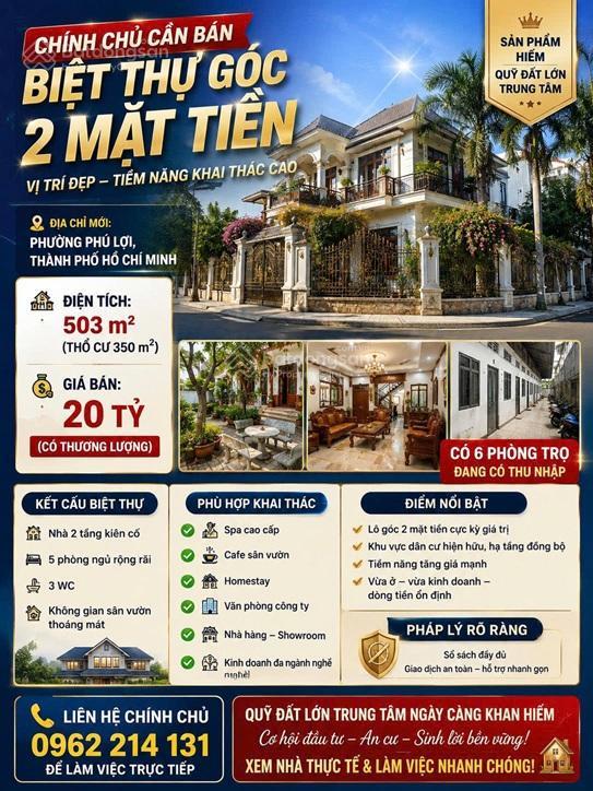 Chính chủ cần bán căn biệt thự góc 2 mặt tiền 500 m2 phường phú lọi, tp. thủ dầu một, bình dương.
