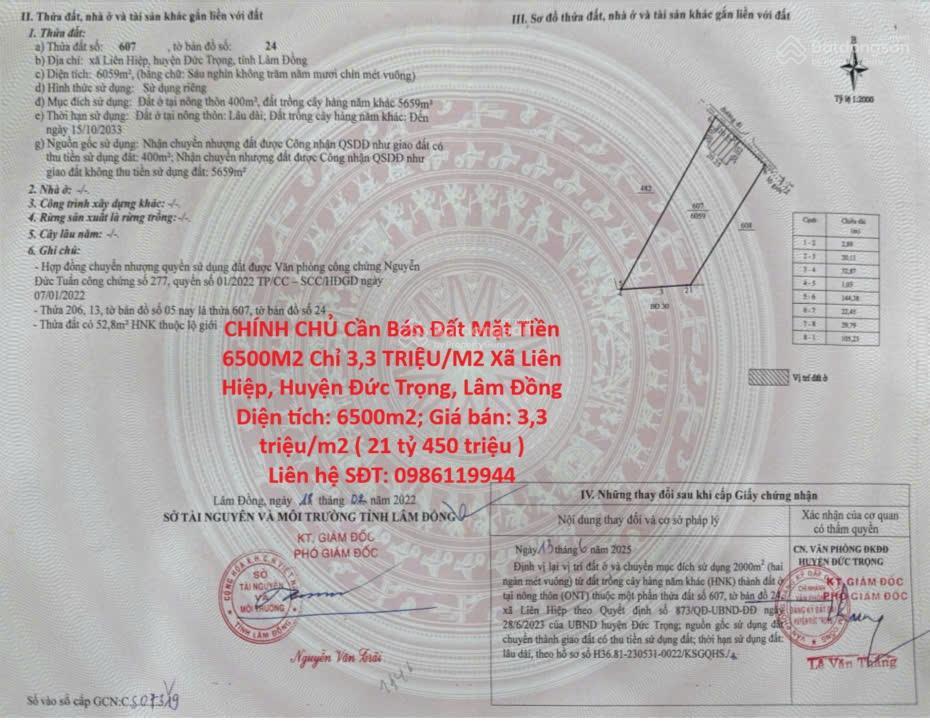 Chính chủ cần bán đất mặt tiền 6500m2 chỉ 3,3 triệu/m2 xã liên hiệp, huyện đức trọng, lâm đồng