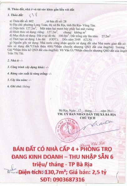 Bán đất có nhà cấp 4 + phòng trọ đang kinh doanh  thu nhập sẵn 6 triệu/ tháng  tp bà rịa