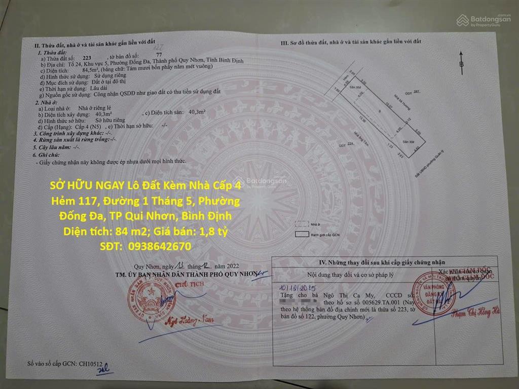 Sở hữu ngay lô đất kèm nhà cấp 4 hẻm 117, đường 1 tháng 5, phường đống đa, tp qui nhơn, bình định