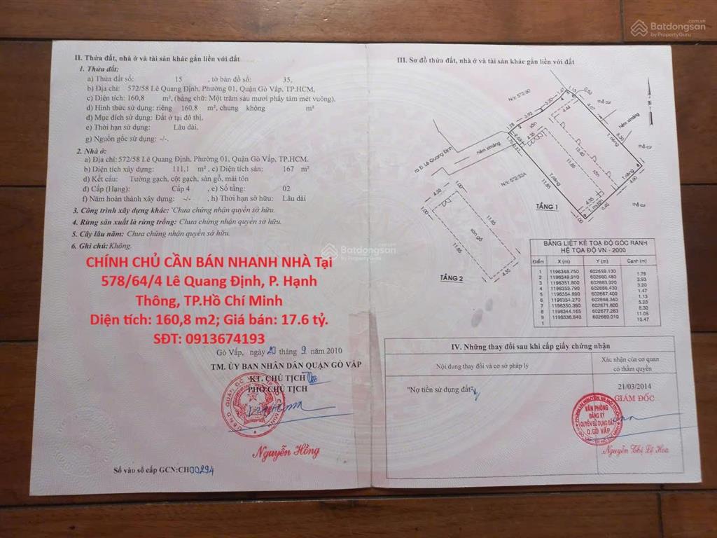 Chính chủ cần bán nhanh nhà tại lê quang định, phường 1, quận gò vấp, tp hồ chí minh
