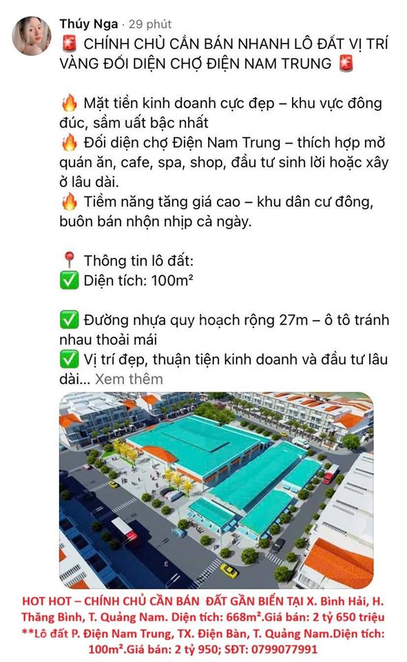 Hot hot  chính chủ cần bán lô đất gần biển tại x. bình hải  tx. điện bàn, t. quảng nam.
