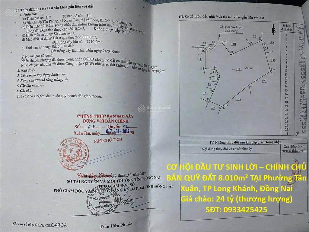 Cơ hội đầu tư sinh lời chính chủ bán quỹ đất 8.010m2 tại phường xuân tân, tp long khánh, đồng nai