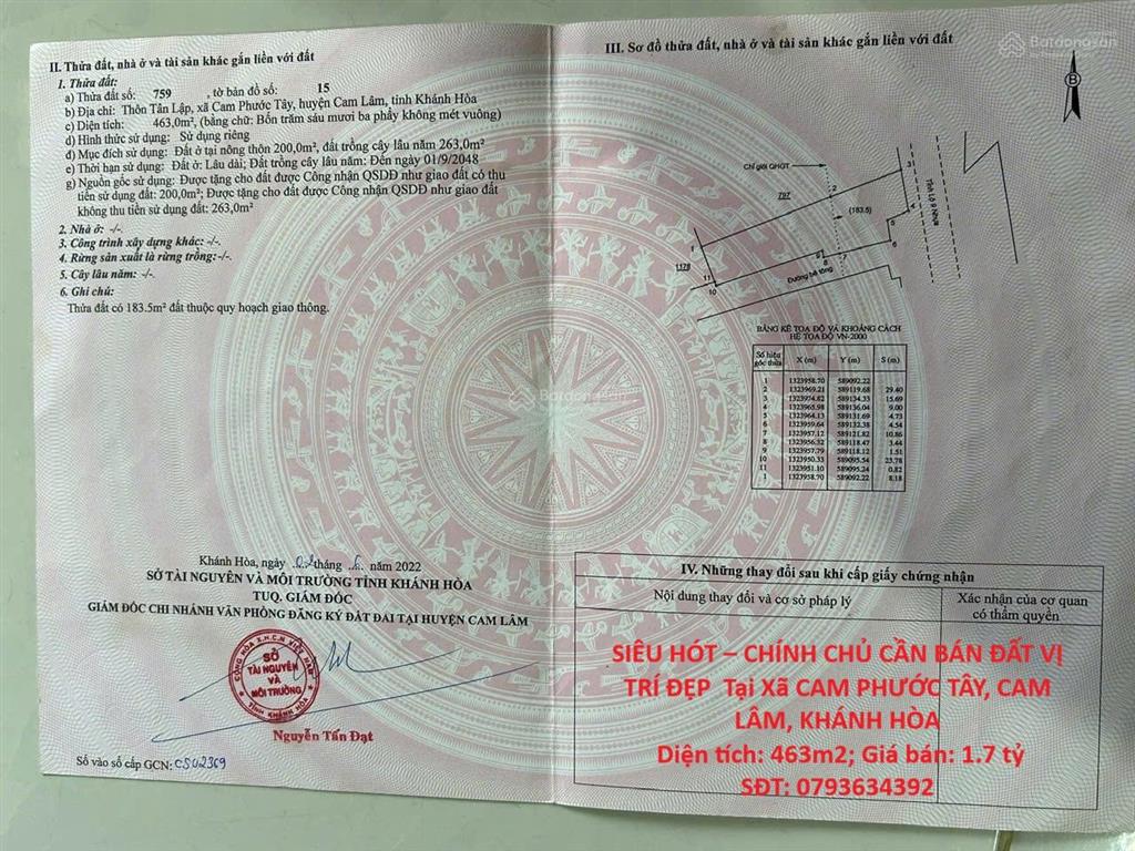 Siêu hót chính chủ cần bán đất vị trí đẹp tại xã cam phước tây, cam lâm, khánh hòa