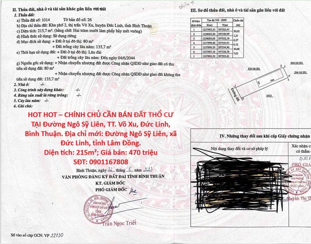 Hot hot chính chủ cần bán đất thổ cư tại đường ngô sỹ liên, tt. võ xu, đức linh, bình thuận.